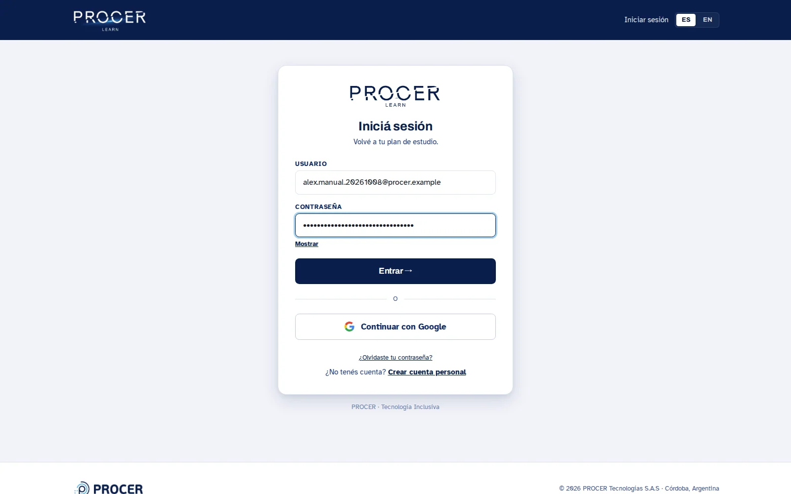 Captura de Learn: Entrá con tu cuenta existente