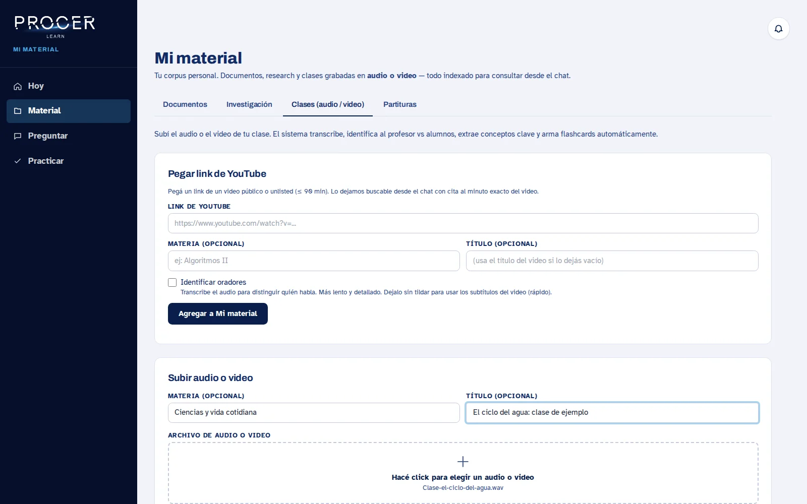 Captura de Learn: Clases grabadas: audio, video y YouTube