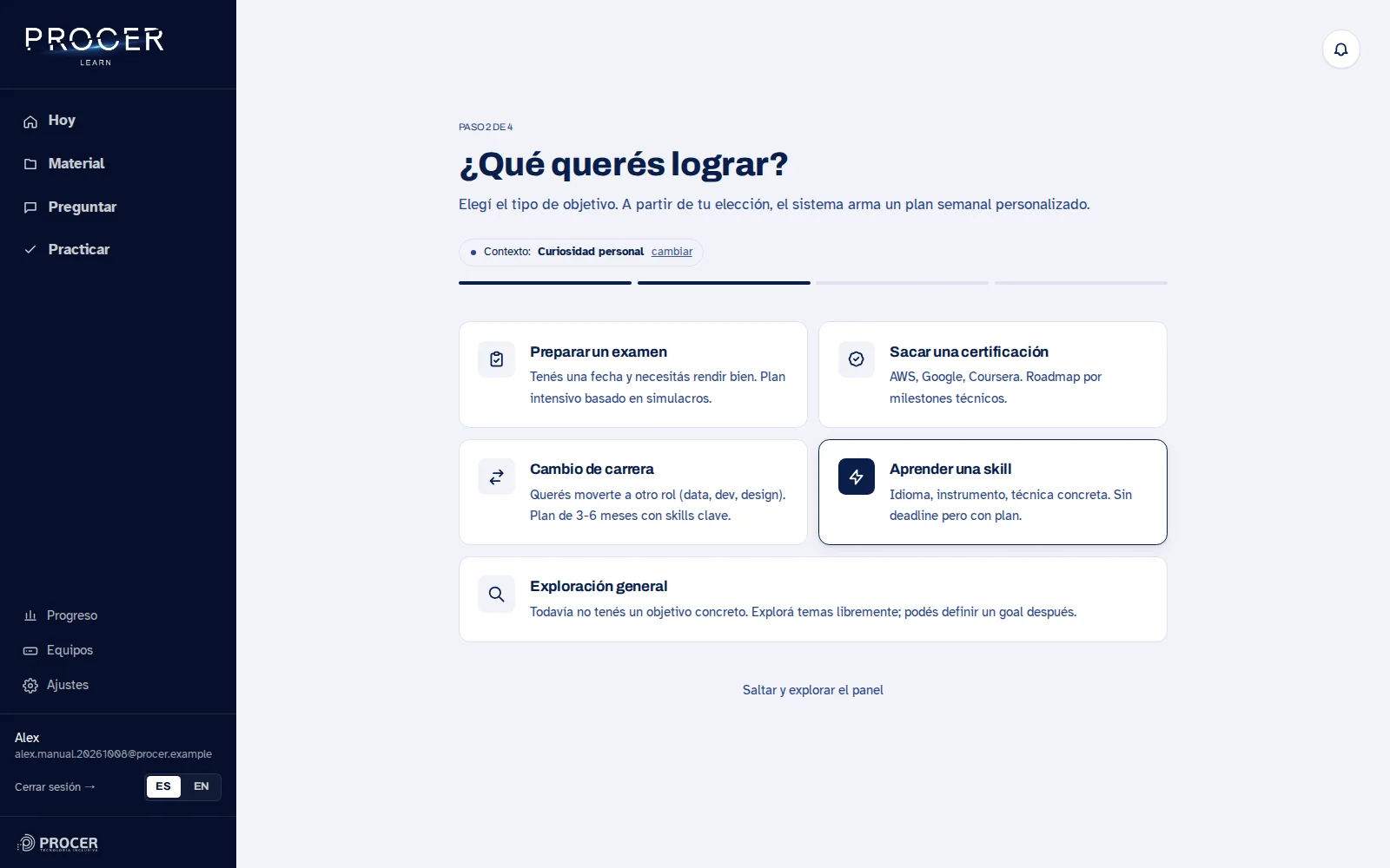Captura de Learn: Elegí el tipo de objetivo