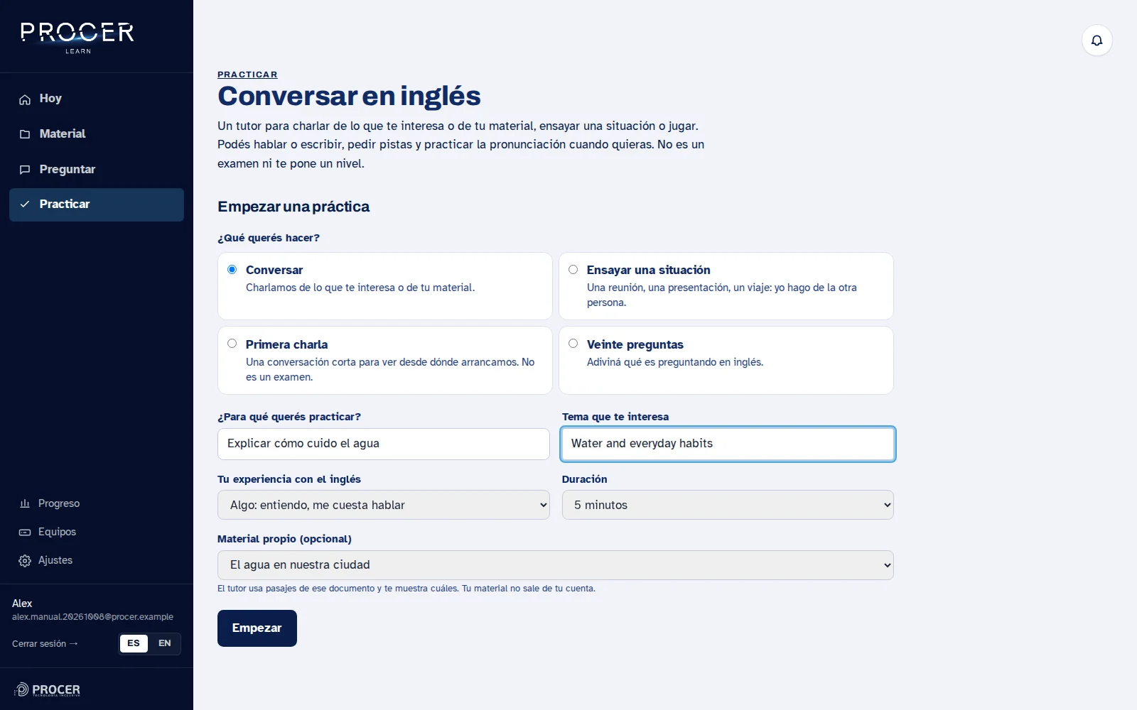Captura de Learn: Decile qué te interesa