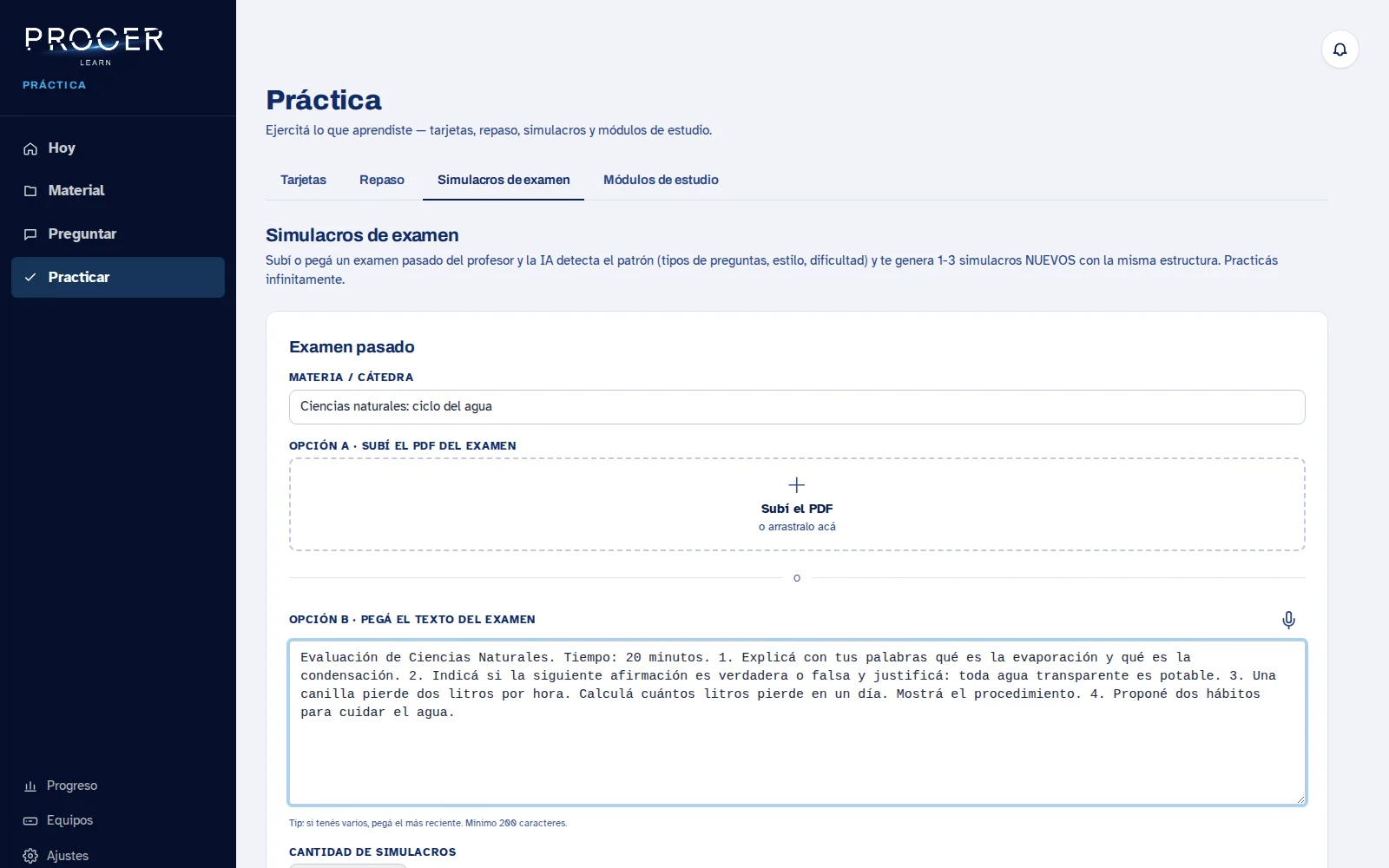 Captura de Learn: Simulacros a partir de un examen