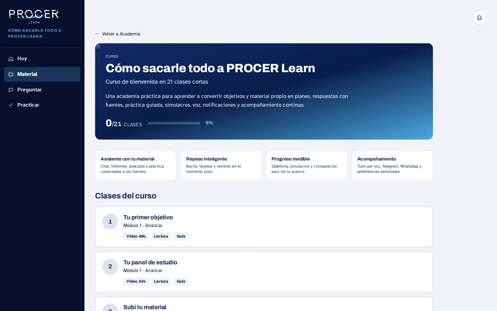 Captura de Learn: Registrá el avance