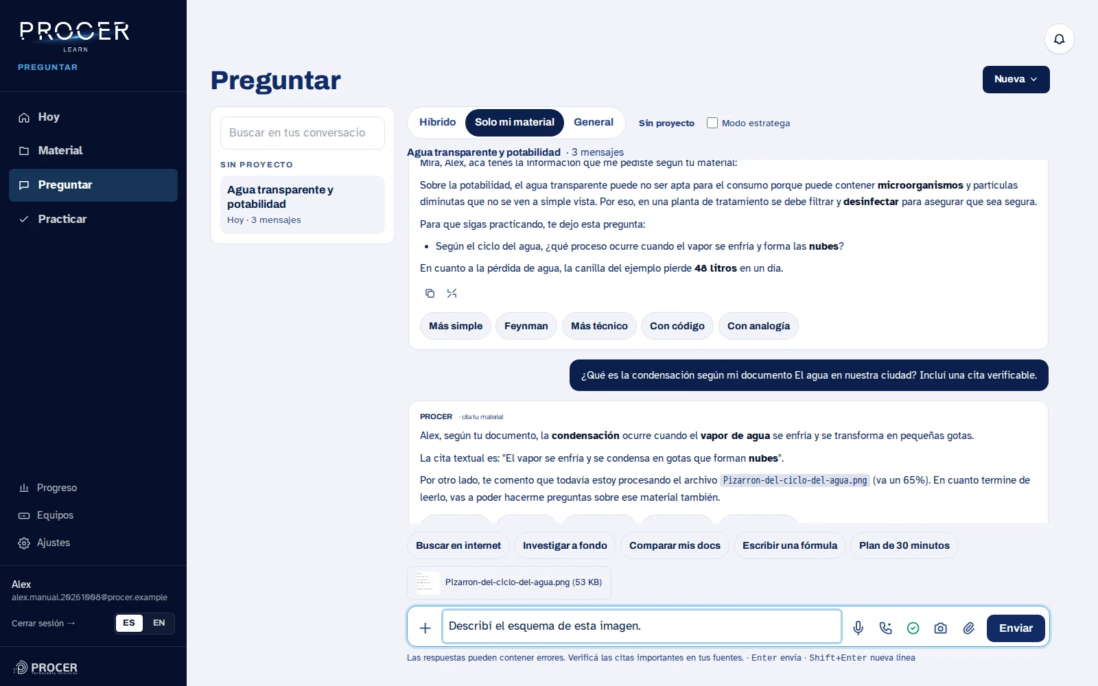 Captura de Learn: Adjuntos, acciones y estilos del chat