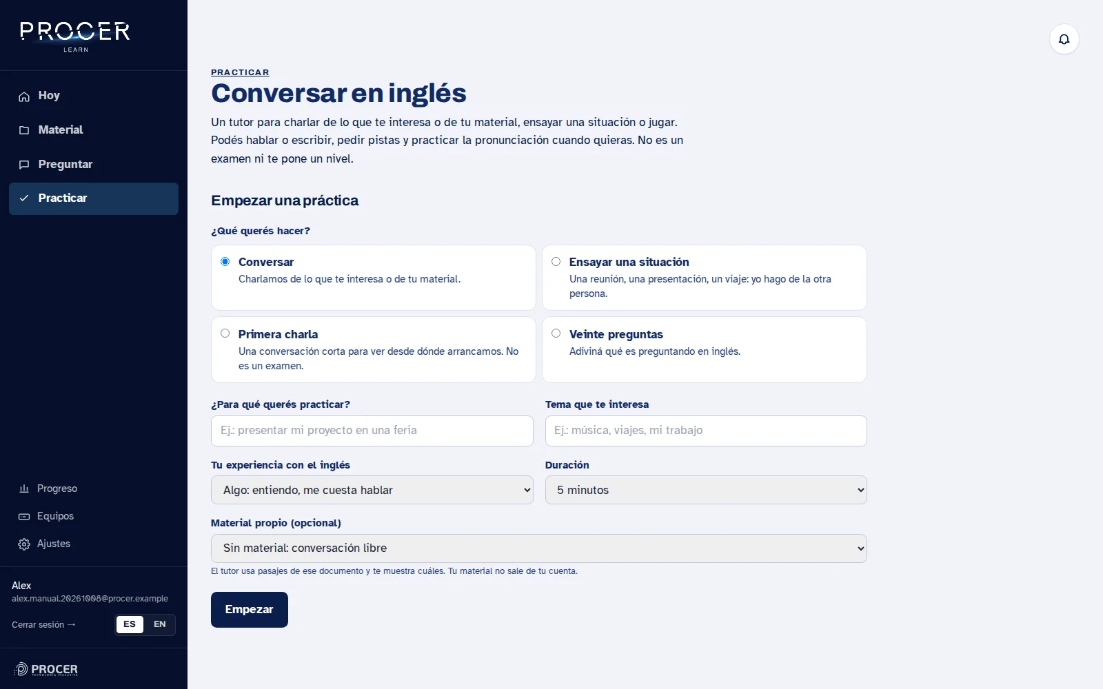 Captura de Learn: Preparar una práctica de inglés