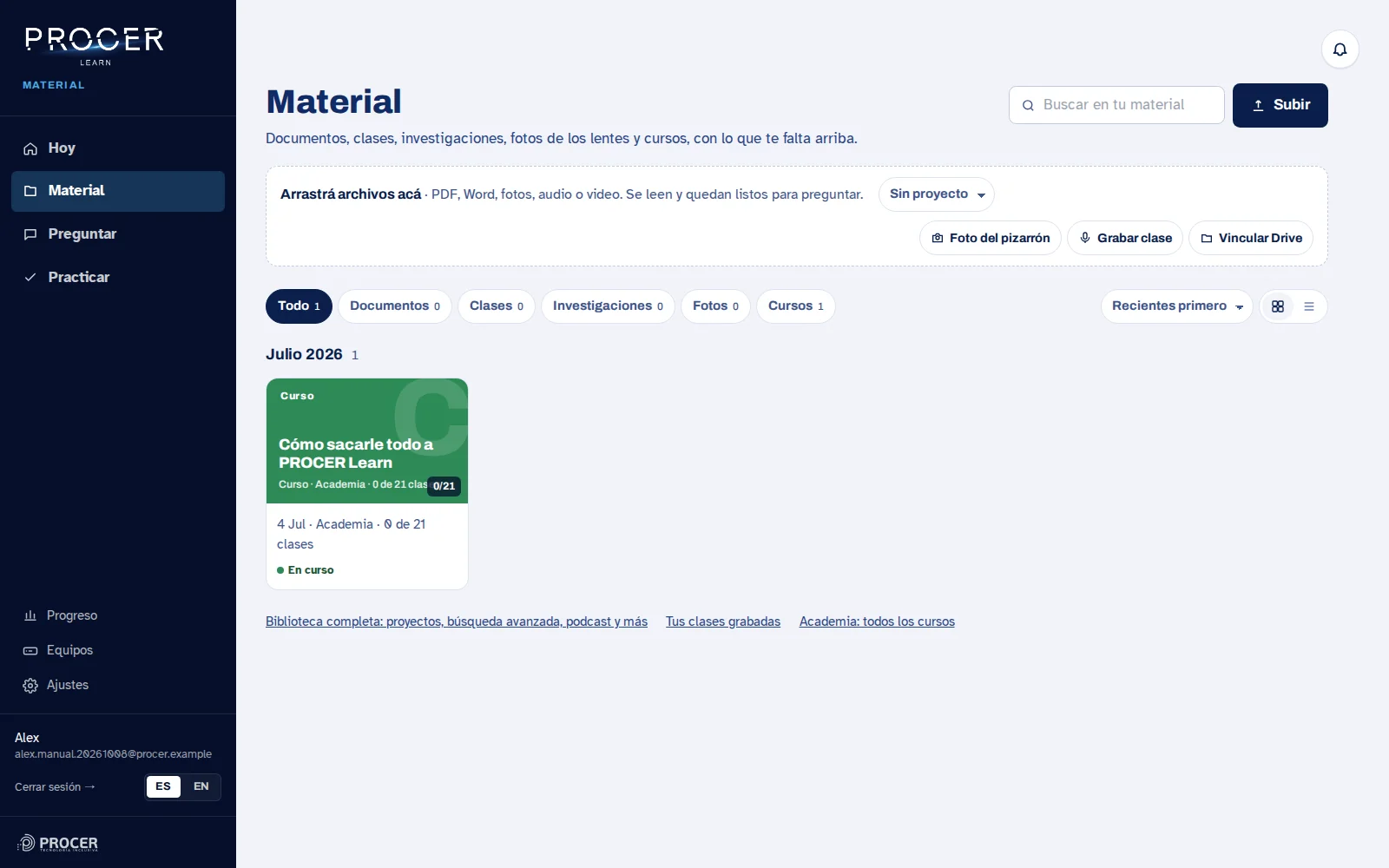 Captura de Learn: Subir tus documentos
