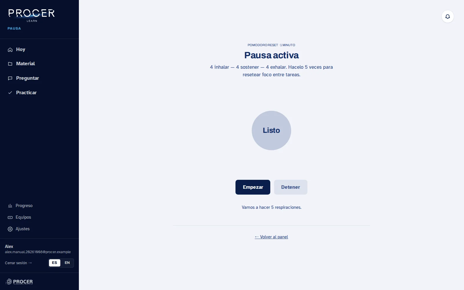 Captura de Learn: Idioma y pausa