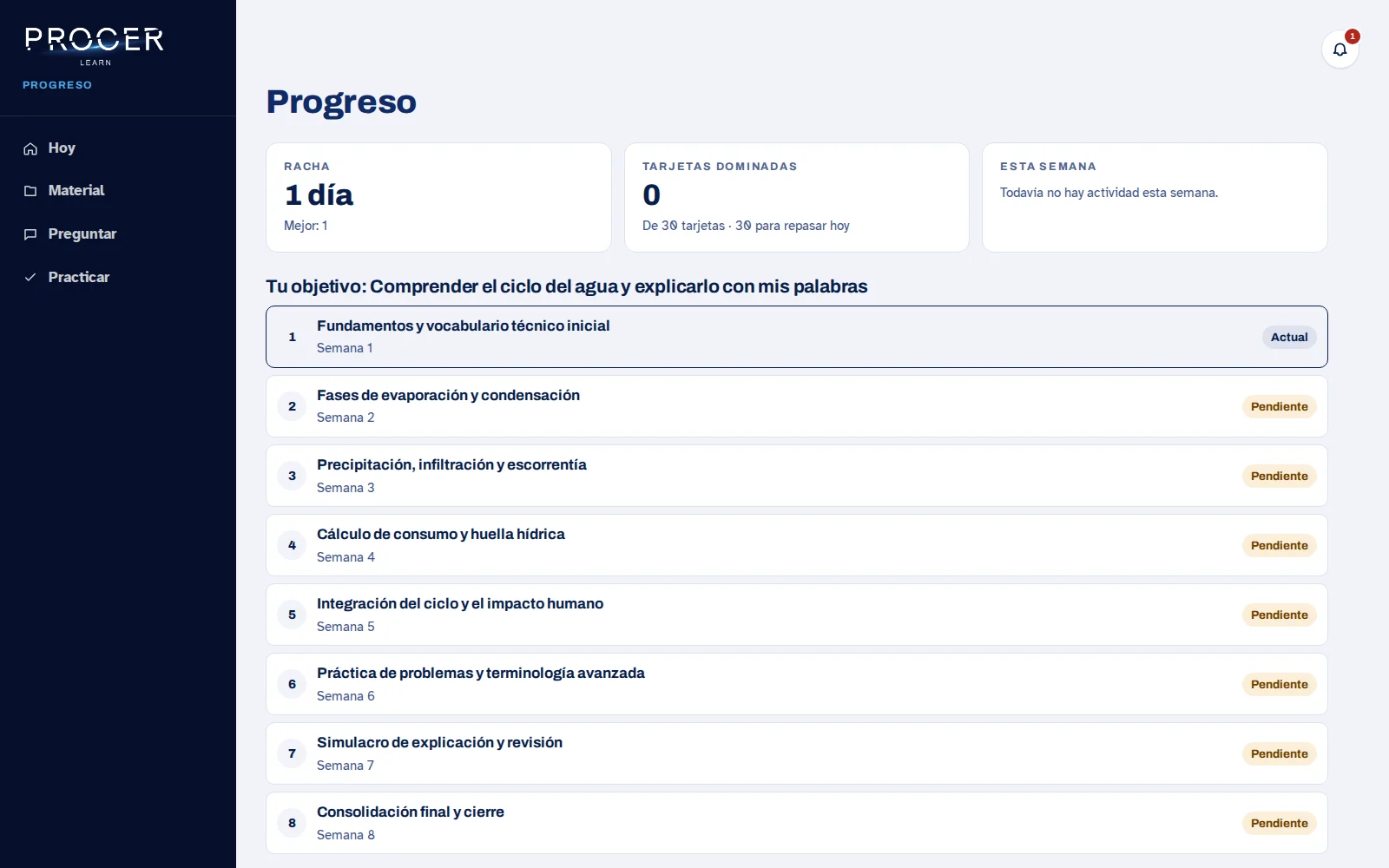Captura de Learn: Progreso, mapas y repaso del objetivo