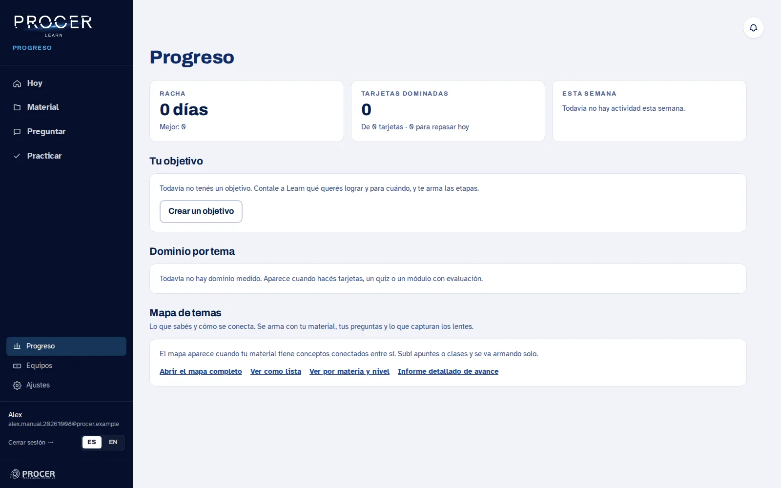Captura de Learn: Retomá o cambiá de objetivo